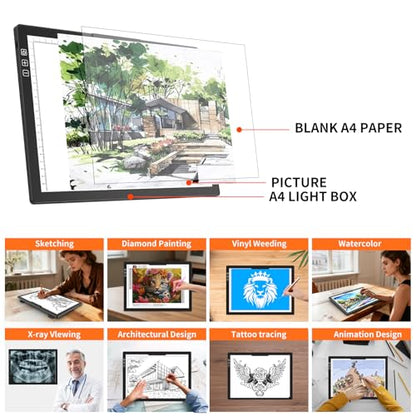 HIUKCOLED Rechargeable A4 Light Pad, Battery Powered Light Board with Carry Bag, Built-in Top Clip＆Stand, Stepless Dimmable＆6-Level Brightness Adjustable, Wireless LED Tracing Box for Weeing Vinyl - style: A4 Clip with Bag