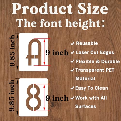 YEAJON 9 Inch Letter Stencils and Numbers, 42 Pcs Alphabet Drawing Stencils, Reusable Plastic Craft Templates for Painting on Wood, Wall, Fabric, Rock, Signage - size: 9 Inch