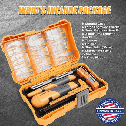 MulWark 41-Piece Precision Hobby Knife Set - Exacto Knife Set For Modeling - Craft Knife Handle Customized With Chiseling, Stencil Edge And Fine Point Blades With Sharpening Stone And Steel Ruler - style: 41 PCs of Precision Knife Set