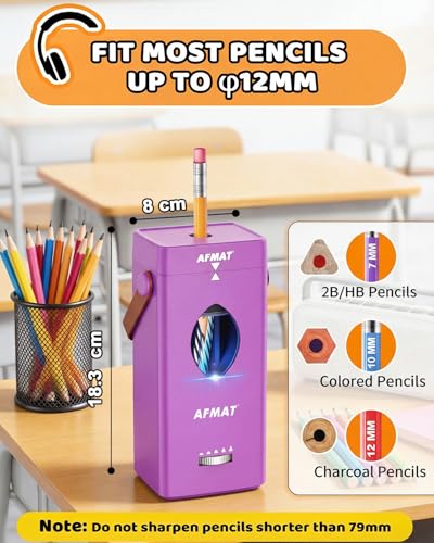 AFMAT Electric Pencil Sharpener, Fully Automatic Pencil Sharpener for 6-12mm No.2/Jumbo Pencils, Auto in & Out, 5 Sharpness Modes, Rechargeable Heavy Duty Sharpeners for Classroom/Home/Office PSC7 - color: Purple