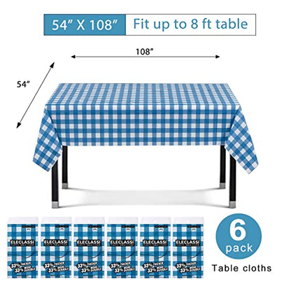 Eleclassi Blue Gingham Checkered 6 Pack Premium Disposable Plastic Tablecloth 54 x 108 in - Plastic Table Cloth Disposable Tablecloth for Rectangle Table Up to 8 Feet - color: Blue Gingham Checkered