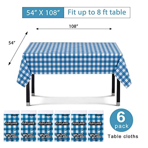 Eleclassi Blue Gingham Checkered 6 Pack Premium Disposable Plastic Tablecloth 54 x 108 in - Plastic Table Cloth Disposable Tablecloth for Rectangle Table Up to 8 Feet - color: Blue Gingham Checkered