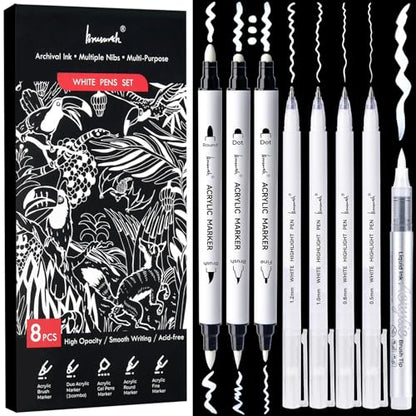 Brusarth White Ink Pen Set, Opaque Acrylic Gel Ink for Black Paper | Archival Dual-Tip White Opaque Pens, Fine & Brush Tips for Black Paper Drawing,Sketching,Illustration,Card Making