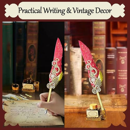 Feather Quill Pen and Ink Set,Calligraphy Set with Leather Journal Notebook | Feather Pen,5 Gold Nibs,Pen Holder,Ink,Antique Calligraphy Kits for Beginners Christmas Gift - color: Red