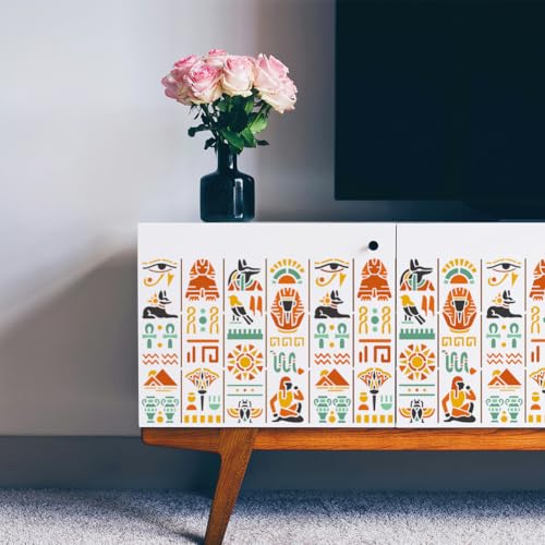 11.8"x11.8" Egyptian Wall Stencil Templates, Egyptian Hieroglyphs Reusable Plastic Stencils for Painting on Wood Floor Tile Fabric Glass Furniture Egyptian Writing DIY Home Decor Template - style: Egyptian