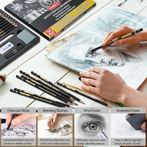 PANDAFLY Drawing Sketching Pencil Set, 20 Piece, 4H-14B Graphite Pencils | Pro Art Pencil Kit with Charcoal Sticks, Erasers, Sharpener, Blending Stump, Artist Pencils For Beginners & Pro Artists