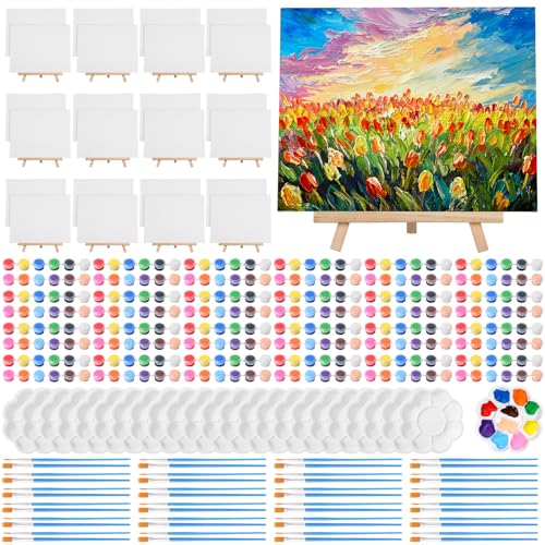 Qilery 24 Set 8 x 10 Inch Canvas Boards and Easel for Painting, Acrylic Paint Strips, Brushes, Palettes, Art Painting Kits for Artists Beginners Oil Acrylic Craft Party Favors - size: 8" X 10"
