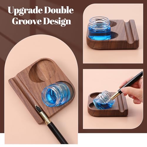 Wooden Tilting Inkwell with Two Glass Bottles, Kakimori Dip Pen Holder & Fountain Pen Stand Set for Calligraphy Writing Desk Organization (4.25"x3.86")