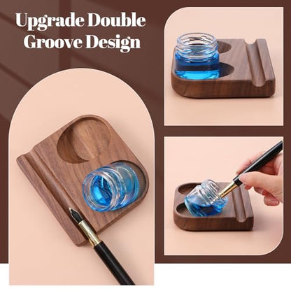 Wooden Tilting Inkwell with Two Glass Bottles, Kakimori Dip Pen Holder & Fountain Pen Stand Set for Calligraphy Writing Desk Organization (4.25"x3.86")