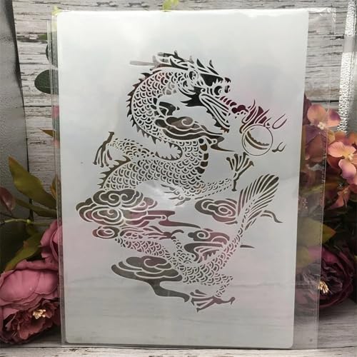 TIAMECH A4 Reusable Chinese Dragon Stencil for Painting | Myth Traditional Dino Totem Layering Template, DIY Wall Art, Wood Furniture, Scrapbook & Crafts (8.3x11.7inch) - style: Chinese Dragon