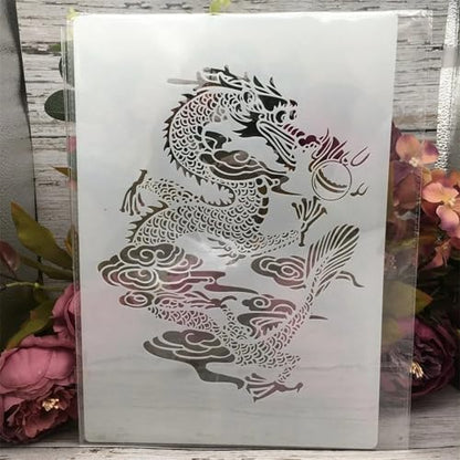 TIAMECH A4 Reusable Chinese Dragon Stencil for Painting | Myth Traditional Dino Totem Layering Template, DIY Wall Art, Wood Furniture, Scrapbook & Crafts (8.3x11.7inch) - style: Chinese Dragon