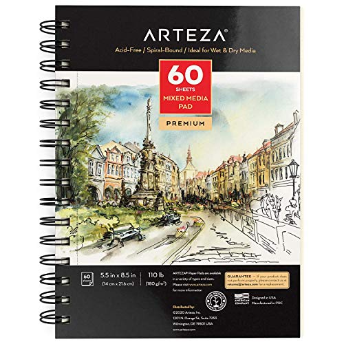 ARTEZA Mixed Media Sketchbook, 5.5 x 8.5 Inches, Pack of 1, 60 Sheets, Micro-Perforated Spiral-Bound Paper Pad for Wet and Dry Media - size: 5.5"x8.5" (Pack of 1)