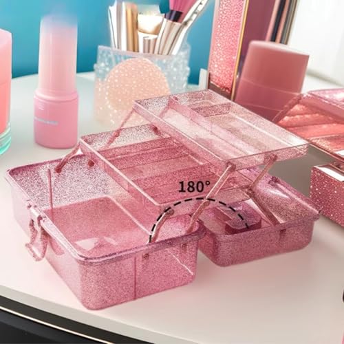 Saim 3-Layer Storage Bin, Carry Organizer Box for Art Craft Makeup Supplies - color: Pink