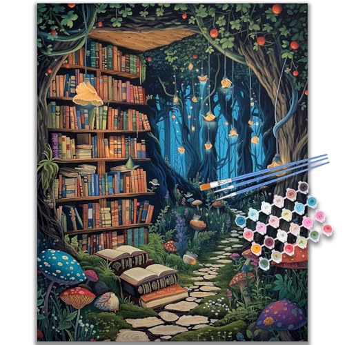 Kalonyth Book Tree Paint by Numbers Kit for Adults, 16x20 inch, No Framed | Forest Library Adult Paint by Number Kits on Canvas, DIY Acrylic Painting, Stress Relief Craft Kits, Home Wall Decor Gift - color: OP-US14