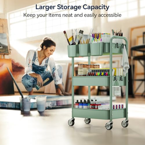 YASONIC 3-Tier Rolling Cart, Green, 66 Pounds Capacity, Mesh Storage Organizer with Lockable Wheels, 3 Hanging Cups, 4 Hooks, Easy Assembly, for Kitchen, Bathroom, Laundry, Grocery | Sturdy Rolling Storage Cart With Hooks & Hanging Cups, Great For Craft,