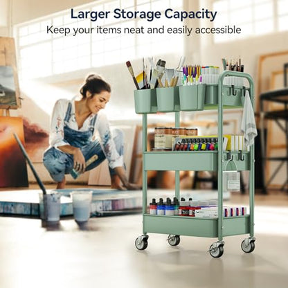 YASONIC 3-Tier Rolling Cart, Green, 66 Pounds Capacity, Mesh Storage Organizer with Lockable Wheels, 3 Hanging Cups, 4 Hooks, Easy Assembly, for Kitchen, Bathroom, Laundry, Grocery | Sturdy Rolling Storage Cart With Hooks & Hanging Cups, Great For Craft,