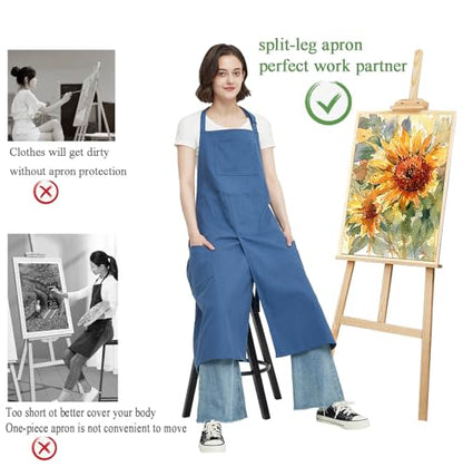 Pottery Apron Split Leg,100% Cotton Artist Apron 3 Pockets for Women Men,Ceramics Clay - color: Blue, size: 39" long