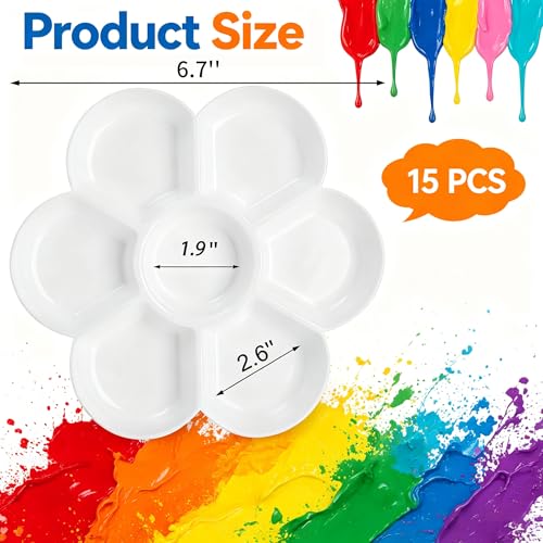 15 Pack Paint Tray Palettes with 7 Wells, White Plastic Paint Mixing Tray Watercolor Painting Dish for Oil Art, Gouache, Kids Adults Painters, Easy to Clean