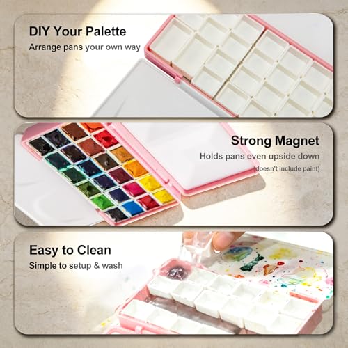 SEAMIART Empty Watercolor Palette Case with 24 Magnetic Half Pans & Lid - color: Pink, size: 4.9" x 2.9" x 1"