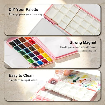 SEAMIART Empty Watercolor Palette Case with 24 Magnetic Half Pans & Lid - color: Pink, size: 4.9" x 2.9" x 1"