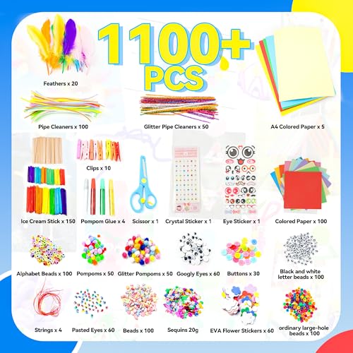 SMILESSKIDDO Craft Supplies for Kids, 1100+ PCS Crafts with Storage Box | Portable 3 Layer Folding Storage Box, Arts and Crafts for Kids, DIY Craft Kits, Birthday Gifts for Girls Ages 4-12 - color: Purple