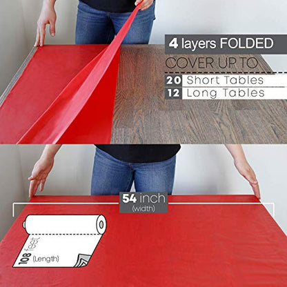 Neatiffy Disposable Plastic Tablecloth Roll | Indoor/Outdoor Table Cloth | Table Cover for Rectangle, Square, Round, Oval Tables | Picnic, Party, Banquet, Birthday, Wedding - 54 in x 108 ft - Red - color: Red
