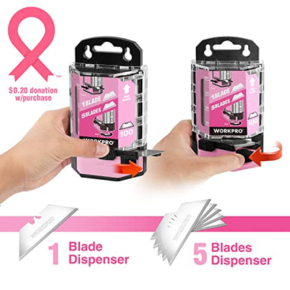 WORKPRO 100-Pack Utility Knife Blades | Utility Blades Replacement with Dispenser, SK5 Carbon Steel - Pink Ribbon - style: SK5(pink)