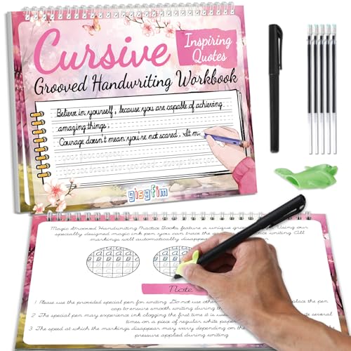 gisgfim Grooved Cursive Handwriting Workbook Magic Reusable Grooved Cursive Handwriting Practice Guided Tracing with Disappearing Ink Pens for Beginner Learning Activities Supplies (Inspiring Quotes) - style: Inspirational Sentences