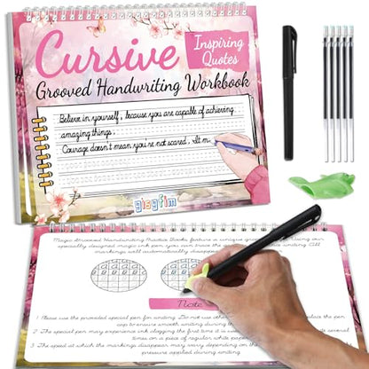 gisgfim Grooved Cursive Handwriting Workbook Magic Reusable Grooved Cursive Handwriting Practice Guided Tracing with Disappearing Ink Pens for Beginner Learning Activities Supplies (Inspiring Quotes) - style: Inspirational Sentences