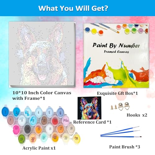 Artunion Framed Paint by Numbers Kit for Adults Beginners & Kids Ages 8-12,German Shepherd Paint by Number with Frame,Dog Animal Paint by Numbers Kit on Canvas 10 * 10 Inch Without Easel - color: ZXT-234-F