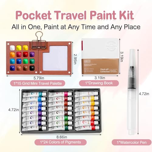 Mini Watercolor Paint Set, Tiny Watercolor Travel Set, Portable Pocket Water Color Paint Kit with 24 Colors, SketchBook, Pen, Clip, Mini Paint Palette Travel Kit for Painters Artists (Walnut, 15 Grid)