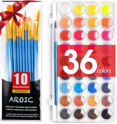 AROIC Watercolor Paint Set, 36-Color Watercolor Paint with 10 Brushes - color: 36 watercolor+10 brush