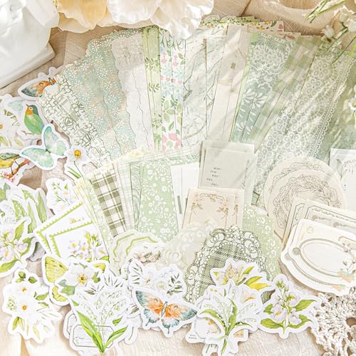 Doraking 100pcs Vintage Floral Scrapbook Paper Journaling Stickers Assorted Set, Material Paper Memo Junk Journal Supplies for Bullet Journaling Retro Crafts Planner Collage Card Album - color: Green