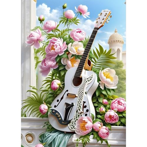 5D Diamond Art Kits for Adults, White Classical Guitar Peonies DIY Diamond Painting Kits for Beginner, Floral Diamond Dots Full Drill Crafts for Gem Art for Home Wall Decor 11.8X15.7inch - color: Guitar