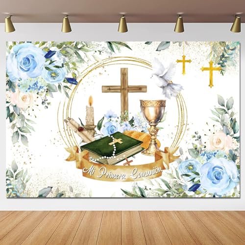 Yeele 15x10ft Mi Primera Comunion Backdrop Gold Chalice Holy Bible Wood Cross First Holy Communion Photography Background Baby Baptism Christening Decoration Banner Photo Props - size: 15x10ft