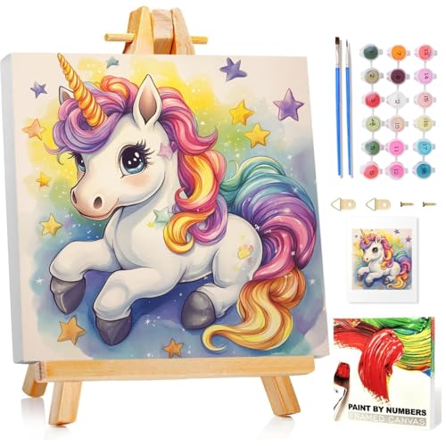 Unicorn Paint by Numbers Kit for Kids, 8x8 inch | DIY Paint by Numbers for Kids, Ages 4-8-12, with Frame, Wooden Easel, Gifts Box, Fun and Relaxing,Home Wall Decor - color: Unicorn