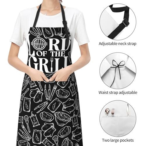Art Apron with Pocket for Women Men | Kitchen Aprons Chef Apron for Cooking Baking BBQ Painting Gardening - color: Black Grilling Art