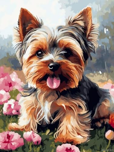 MIJVFNB Yorkshire Terrier Dog and Flowers 11CT Counted Cross Stitch Kits Color Printed Stamped Cross-Stitch Supplies Needlework Printed Embroidery Kits DIY Kits Needlepoint Starter Kits, 12x16 inch