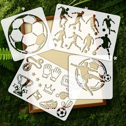 INFUNLY 6Pcs Soccer Painting Stencil for Wall Reusable Wall Stencils Football Action Walls Template for Painting 7.87x7.87, 8.27x11.69 Trophies Templates for Crafts Cement Wood Furniture Home Decor - style: 6PCS Soccer