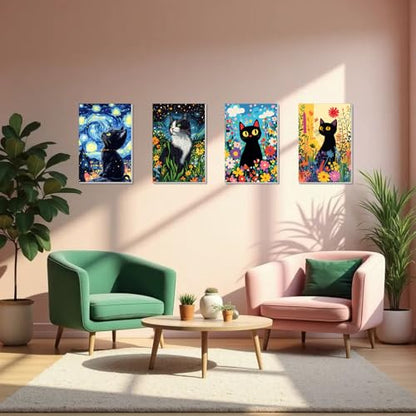 4 Pack Framed Paint by Numbers Kit for Adults Beginner Canvas Painting by Numbers for Adults Black Cat Easy Adult Paint by Number Kits with Frame Starry Night Watercolor Painting by Number 8x12 Inch - color: YFd0104