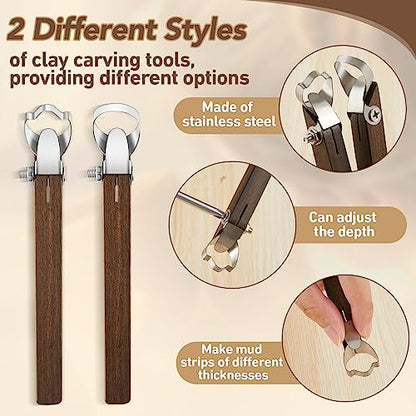2 Pcs Pottery Handle Making Tools, Adjustable Clay Cutters,Classic Style | Mug Handle Carving Tool for Beginners Enthusiasts, Adjustable Cut Depth, Steel Cutting Heads, Smooth Wood Grips, Home Studio - color: Classic Style