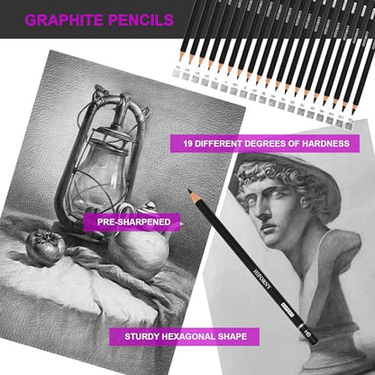 HIFORNY 70 PCS Drawing Set Sketching Kit,Sketch Pencils Art Supplies with Graphite,Charcoal,Blending Tools & Accessories,Portable Zippered Travel Case for Artists & Beginners