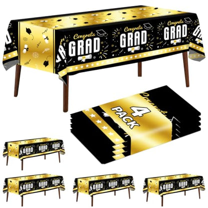 4 Pack Graduation Tablecloth 54"x108" Disposable Plastic Tablecloths Gongrats Grad Tablecover for Graduation Party Supplies (Black and Glod) - color: Graduation Black