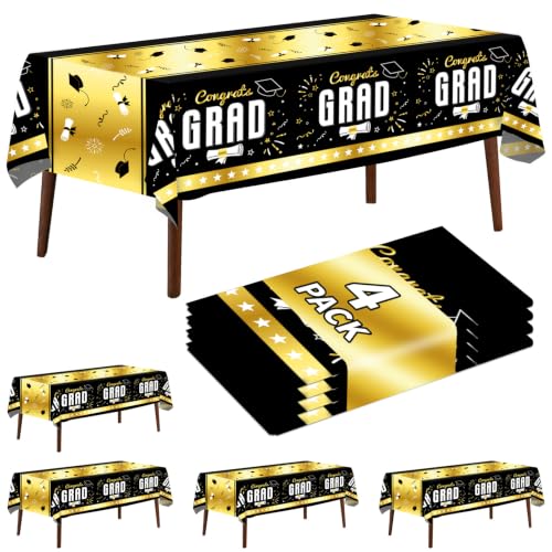 4 Pack Graduation Tablecloth 54"x108" Disposable Plastic Tablecloths Gongrats Grad Tablecover for Graduation Party Supplies (Black and Glod) - color: Graduation Black