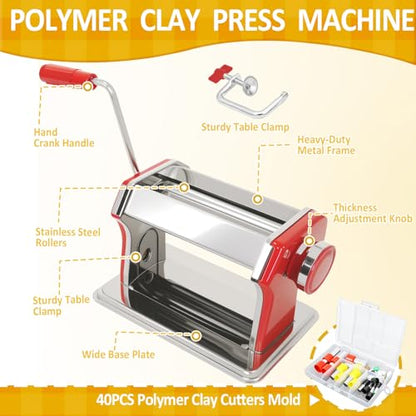 Polymer Clay Press Machine, Clay Conditioning Roller, 6 Thickness Settings | 40 PCS Cutters & Molds, Stainless Steel Clay Mixer, Non-Stick Pasta Roller for Handmade Jewelry, Sculpting & DIY Crafts - color: Red Clay Press