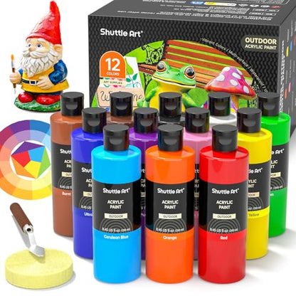 Shuttle Art Outdoor Acrylic Paint Set, 12 Colors Waterproof Paint, 8.45oz/250ml Large Bottles, Rich Pigmented Bulk Painting Supplies for Artists, Beginners on Rocks, Wood, Wall, Crafts, Garden Statues | Highly pigmented, non-toxic acrylic paints in bottle
