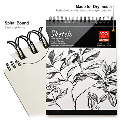 AGPtEK Sketch Book, Art Drawing Pad 9 X 12, 100 Sheets, 60lb/100g, 2 Pack - size: Top Spiral-Bound