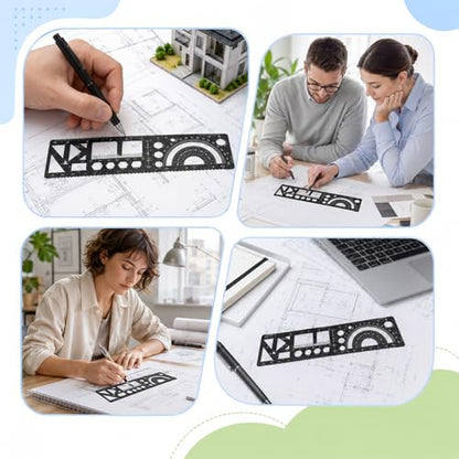Multifunctional Geometric Ruler 15cm Geometric Drawings Stencils Rulers Aluminum Measuring Template with Protractor Straight Edge and Circle Shapes for Math Projects Black