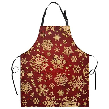 Winter Apron Gold Snowflakes Apron for Adult Red Christmas Aprons with Adjustable Strap Baking Aprons with Two Pockets for Cooking,Crafting, Painting - color: Gold Snowflakes