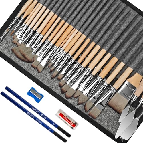 Bougimal 33 PCS Paint Brush Set with Case, Artist Upgrade Series, Premium Import Nylon Brush Set with Palette Knife, Various Types of Brushes, Pencil & Sharpener for Acrylic Painting, Oil, Watercolor - size: 33PCS